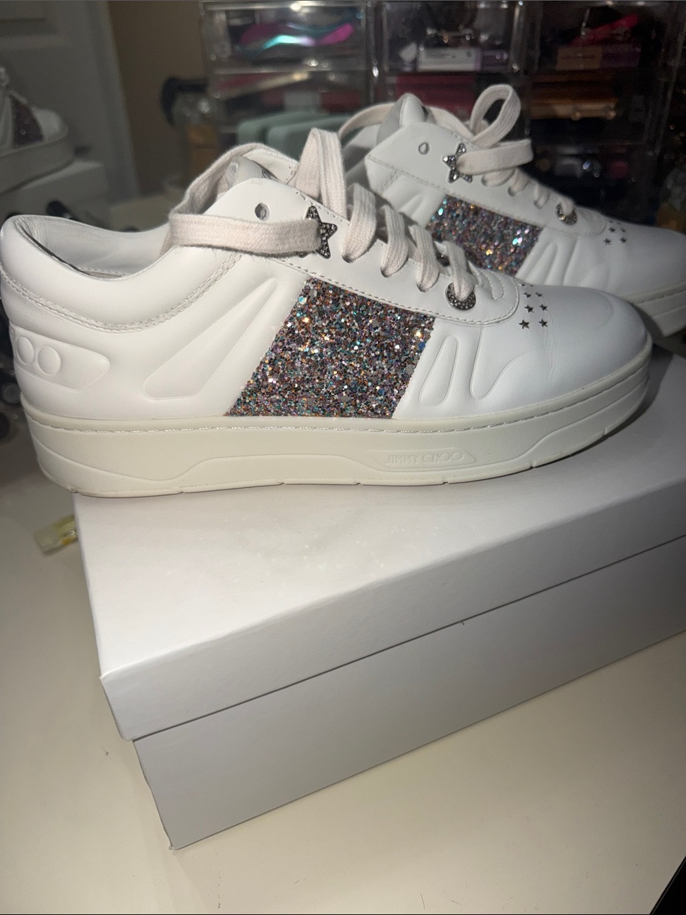 Jimmy Choo White Leather Sneakers with Multicolor Glitter Panel